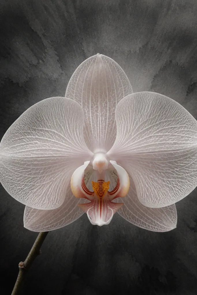 A dark charcoal wash background with a pale orchid. The petals have white vein lines drawn like lace, and the background fades outward from behind the bloom.