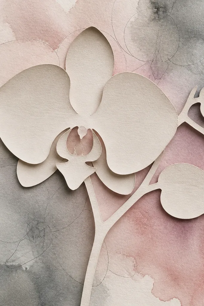 A mixed-media piece with a cut-out orchid silhouette layered over a gray-pink watercolor wash. The cut edges look soft, and there are faint petal outlines drawn beneath.