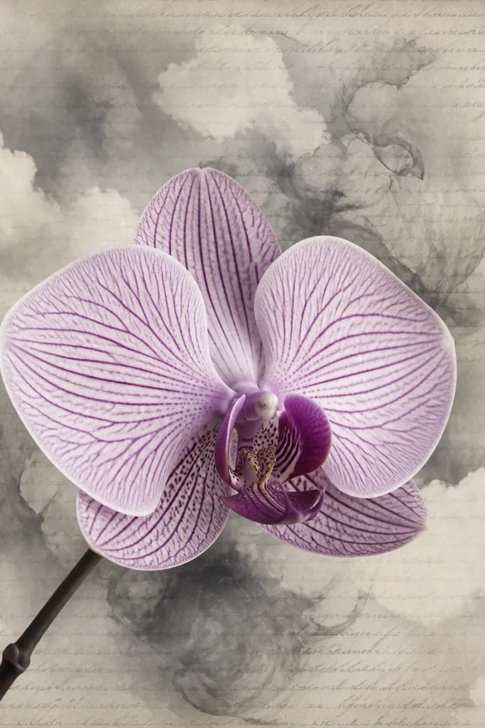 A background of faint script text where some lines are erased into cloud shapes. A lavender orchid sits on top with clean ink veins and a smoky gray haze behind it.