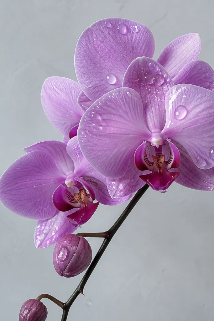 A lavender orchid with glossy-looking highlights. The background is a pale gray wash, and the highlights look like tiny domes created with thick gel medium.