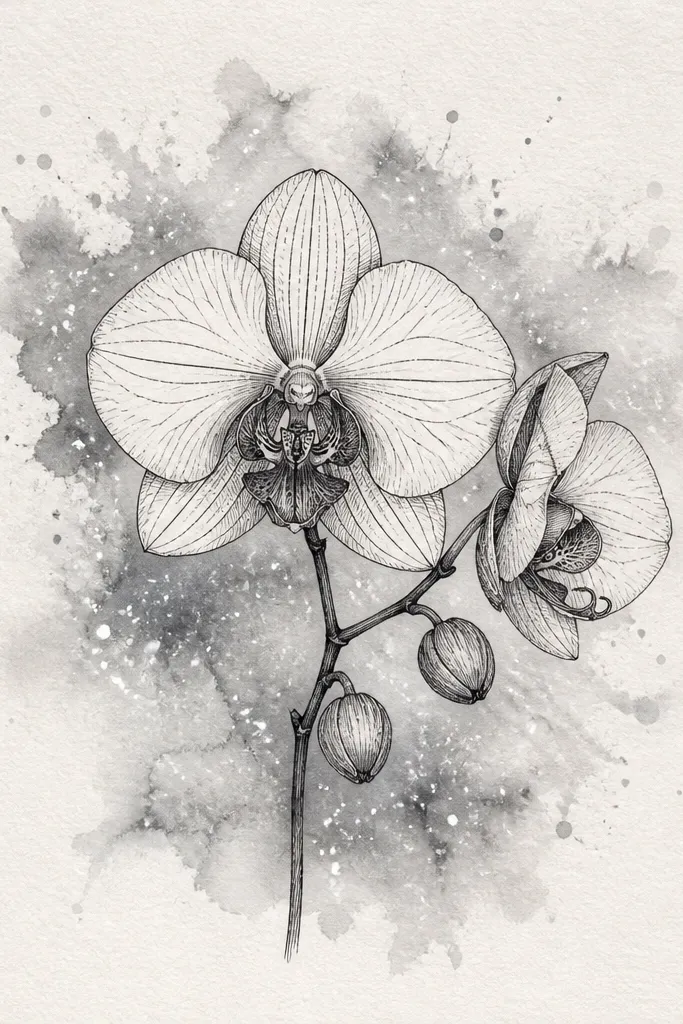 A fineliner orchid centered on the page with a smoky gray splatter behind it. The splashes fade into the paper, and white gel pen dots add sparkle-like highlights.