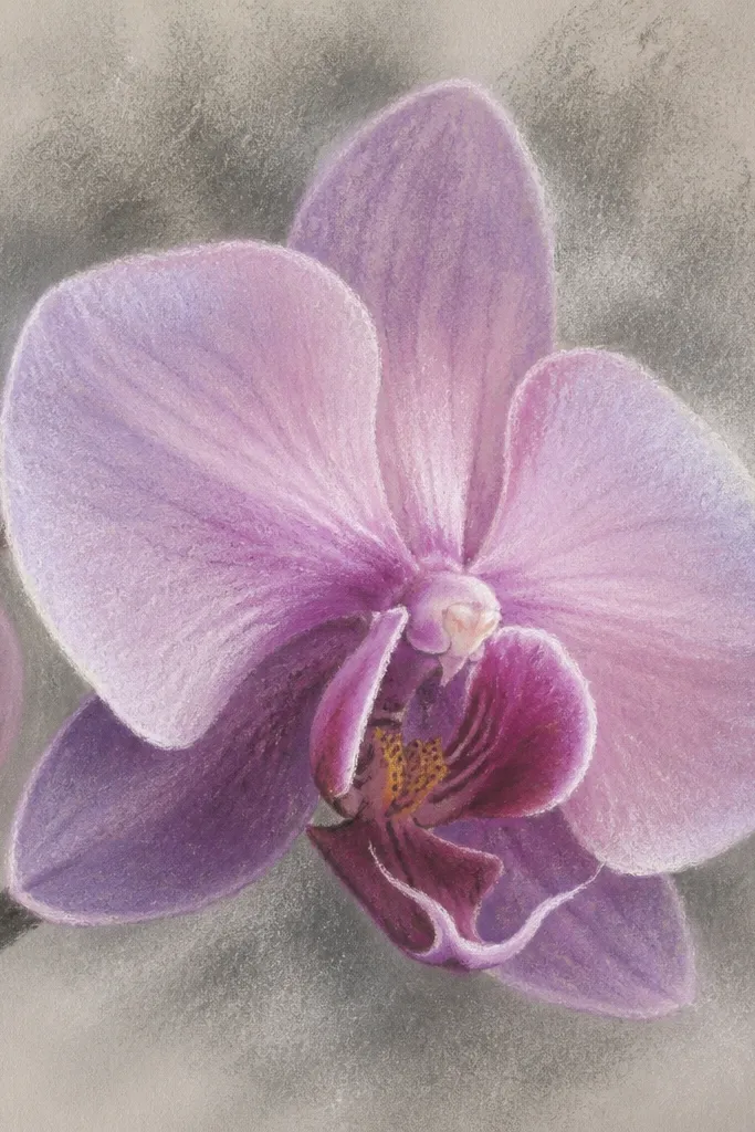 A pastel drawing of an orchid where gray chalk dust fades behind the petals. The petals are soft lavender and pink, with a crisp white highlight at the lip edge.