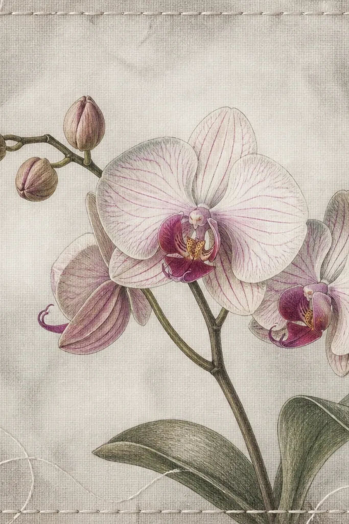 An orchid drawing with a stitched border around it. The background has a faint gray haze, and small white thread-like lines loop around the edges.