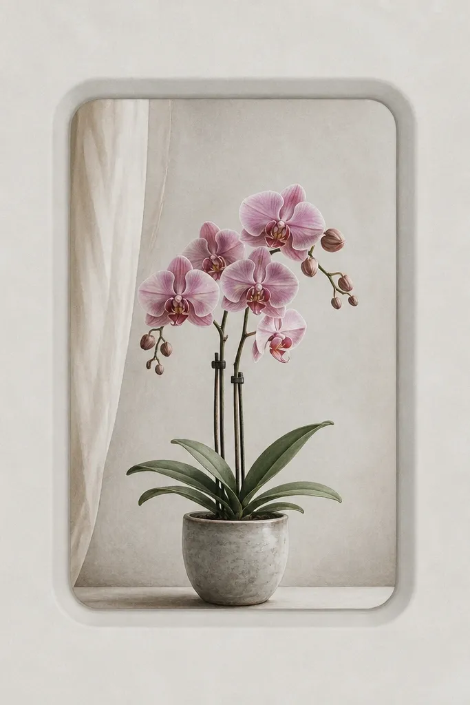 A drawing inside a window-like rectangle frame. The orchid sits in the center, and the background outside the frame is left blank or lightly gray, creating a ghost window effect.