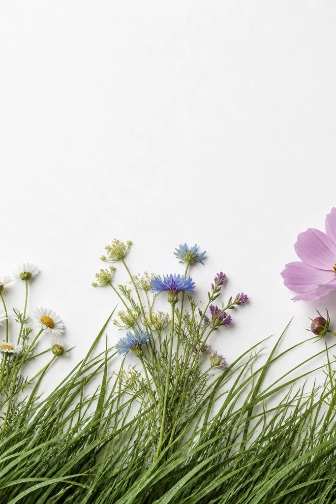 White paper filled with layered grass in the bottom third. Grass blades lean slightly right. Three flower clusters sit across the midline: a small daisy-like cluster on the left, a medium wildflower bunch in the center, and a larger single bloom with a few buds on the right. Tiny white highlights dot a few grass tips like dew.