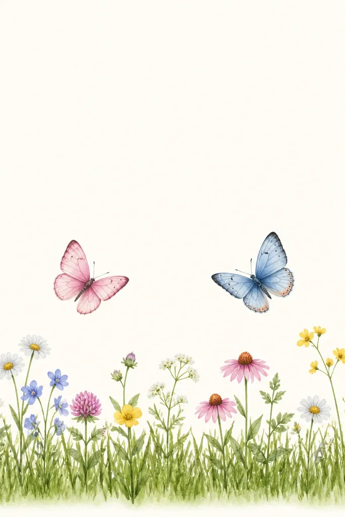 A border-style drawing: a strip of grass runs along the bottom like a frame. Above it, two butterflies hover near the center. Flowers are scattered in small clusters between the butterflies and the grass strip. The rest of the page background stays clean and pale.