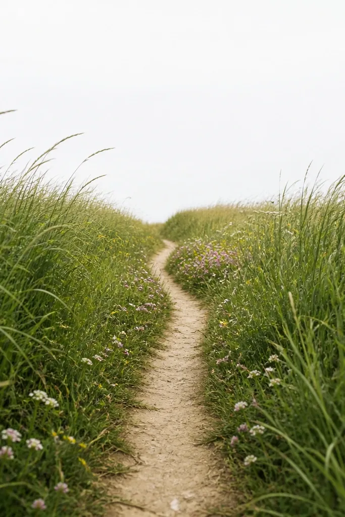 A narrow winding path cuts through the grass from the bottom center toward the horizon. Tall grass blades rise on both sides of the path and lean inward. Small flowers dot the path edges, with a slightly larger cluster near the mid-point. The sky area above stays mostly light with minimal detail.