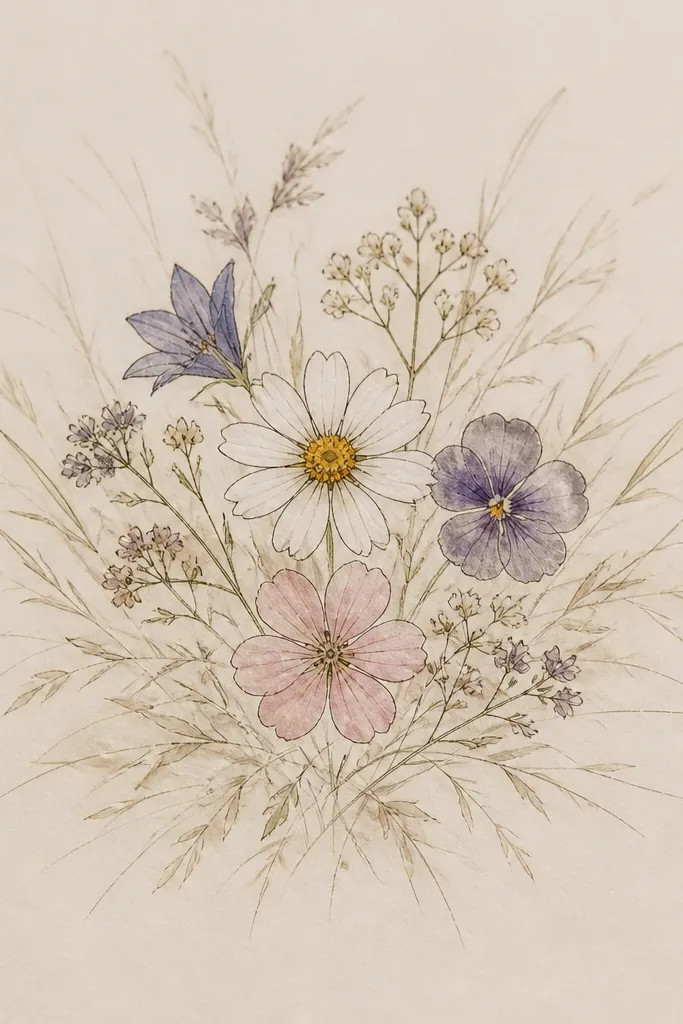 Several flowers are drawn in a semi-real pressed layout: a few blooms are outlined clearly and lightly filled. Around them, a skirt of grass strokes forms a loose ring. The center blooms are crisp; the grass fades outward with lighter lines.