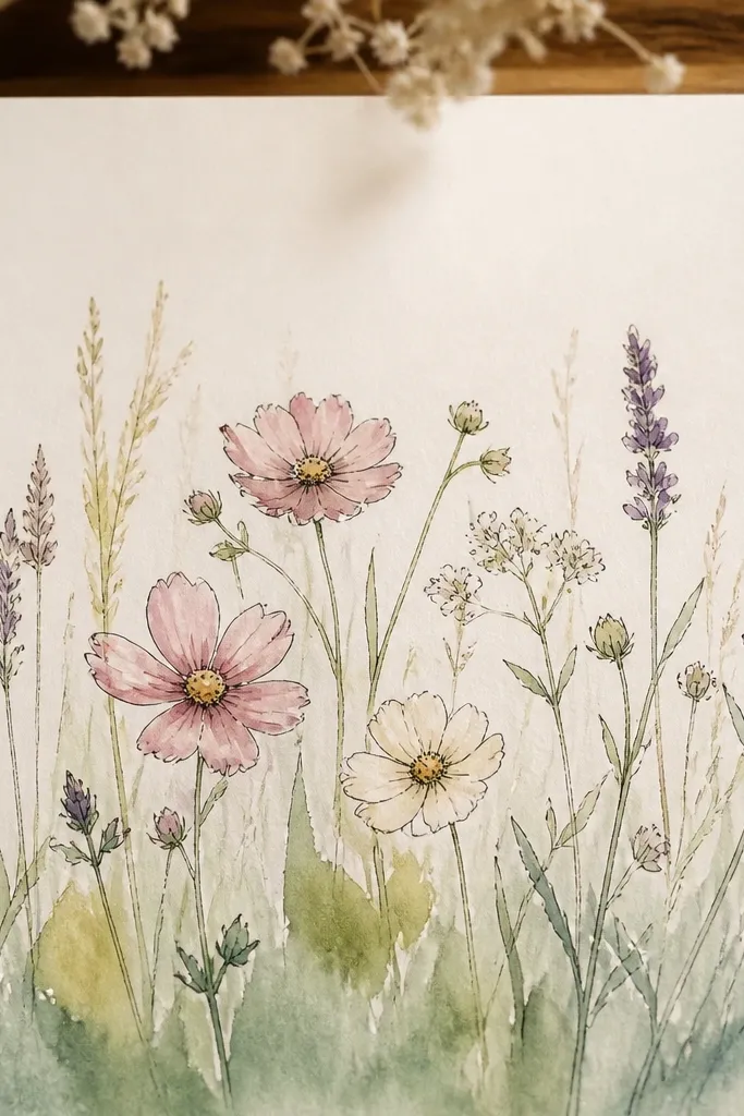 Grass is made from soft watercolor-like blobs and thin strokes fading upward. Flowers are drawn with crisp pen lines and simple petal shapes, colored lightly with pastel wash. The contrast between fuzzy grass and sharp petals is clear.