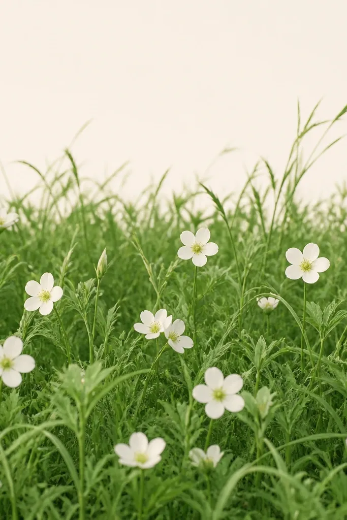 A mostly monochrome scene in shades of green. Grass fills the bottom and mid area with varied green tones. Several white flowers (simple five-petal shapes) are scattered, with their centers shaded pale yellow-green. The sky is blank or very light beige.