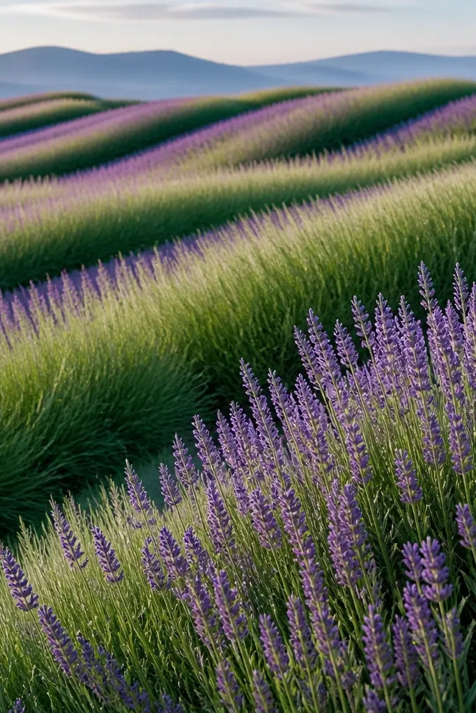 Curved, wave-like grass lines sweep across the page from left to right. Grass tips are layered in lavender-purple and green mixes. Lavender flower spikes appear in repeated clusters along the wave ridges, with one denser patch in the foreground.