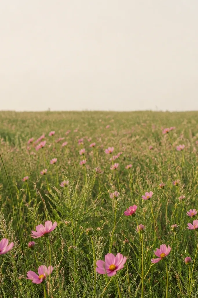 A sage-green grass field with a soft horizon line. Pink wildflowers scatter across the mid area, with a few larger blooms closer to the bottom. The petals are small and slightly uneven, giving a handmade feel. The top background is light beige or pale sky tone.