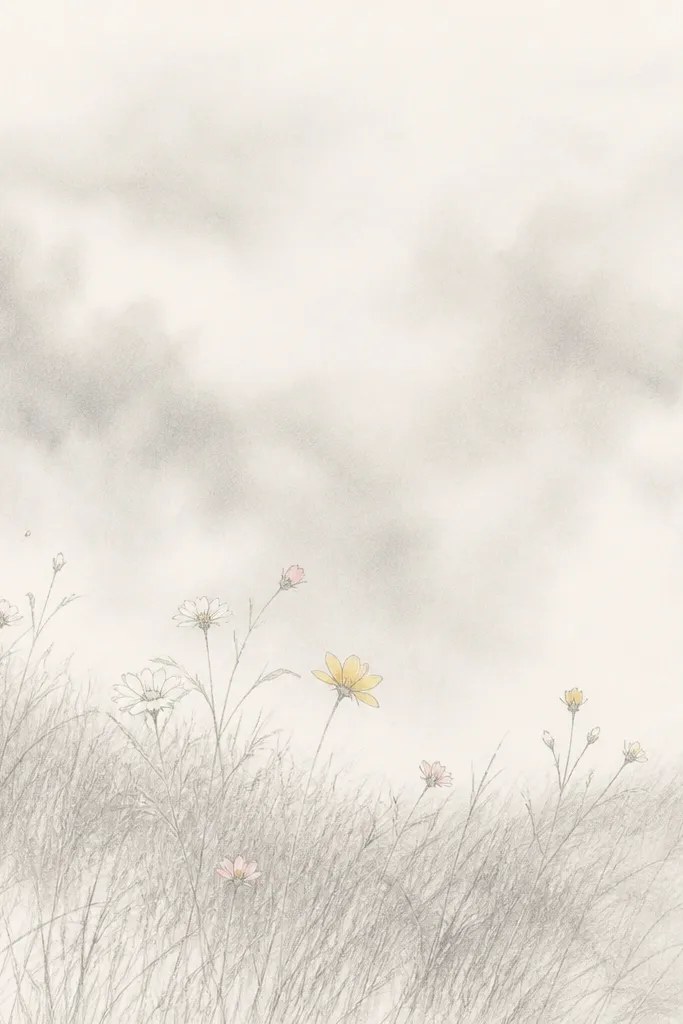 Pencil-drawn grass forms the foreground with lots of light strokes. There are soft smudged clouds above the grass, like mist. A few simple flowers are drawn with light color accents, and their outlines stay visible.