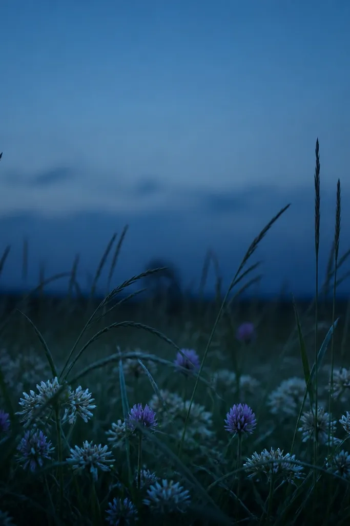 A blue-gray evening sky at the top fades darker near the horizon. The grass is darker and cooler with blue-green tones. Flower clusters sit low in the grass, partially hidden by blades. A few petals are colored deeper, almost muted lavender.