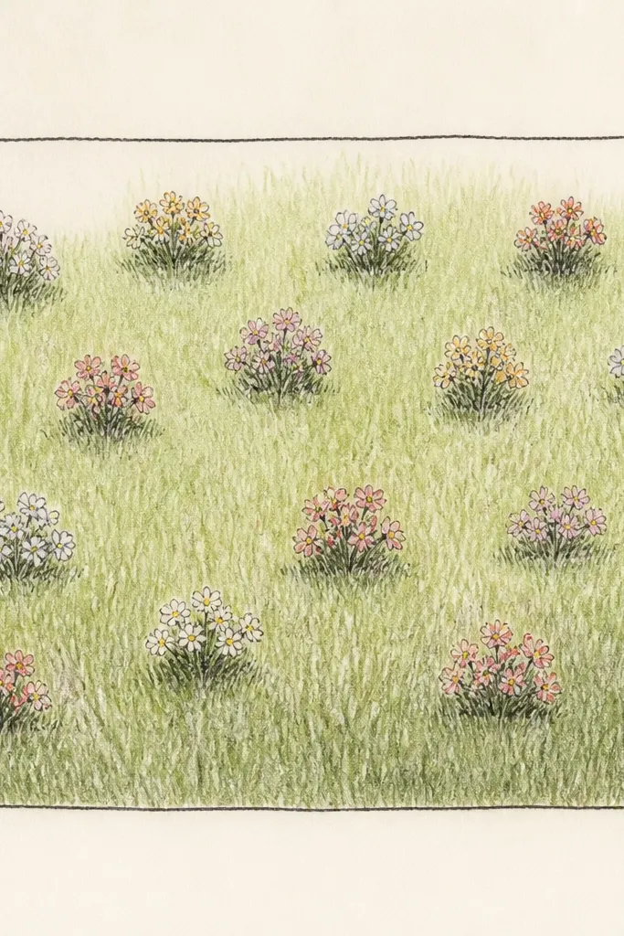 A hand-drawn rectangle border frames the scene. Inside, grass fills the bottom and mid, with small flower clusters scattered in a loose grid. Outside the rectangle is blank paper. The border lines look like a sketchbook frame.