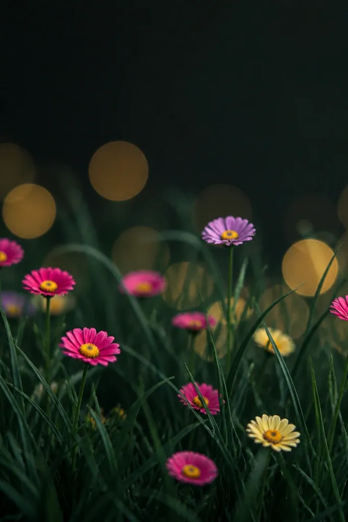 Dark green grass covers most of the page with layered blades. Several bokeh-like circles in soft gold and pale yellow sit behind flowers. Flowers are small and bright, with gold centers. The sky area is dark and smooth, while the grass is textured.