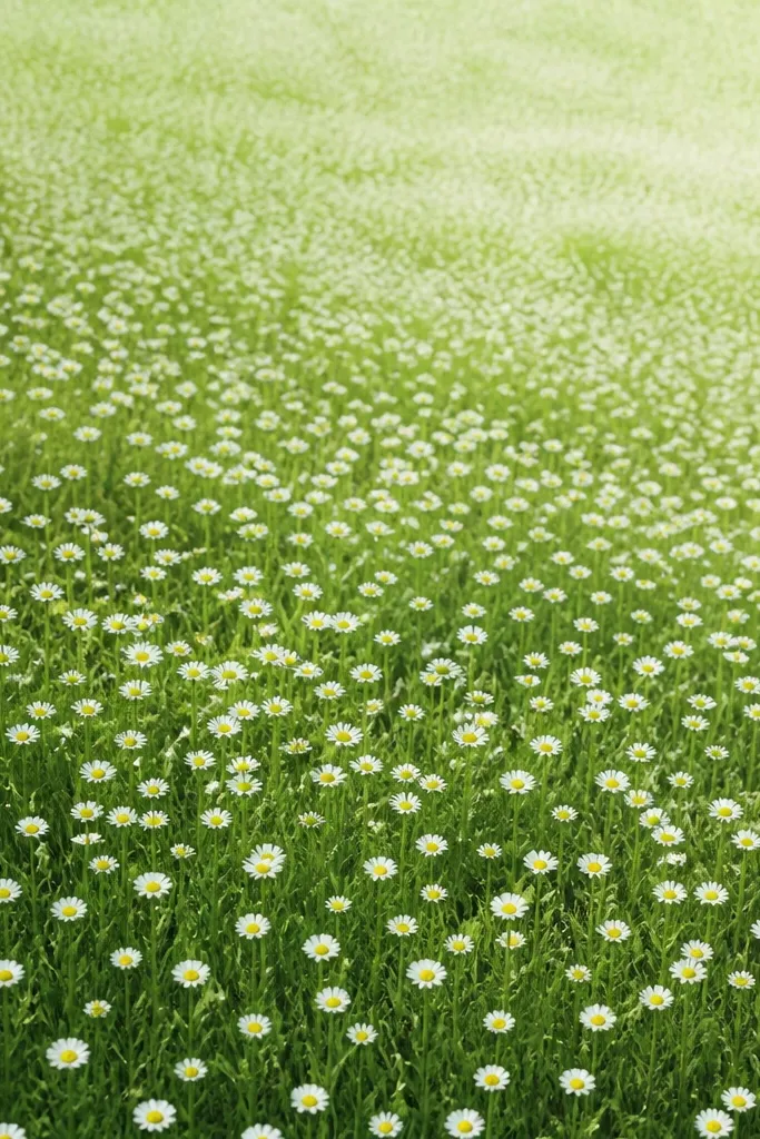 A field filled with evenly spaced tiny daisy-like flowers. Grass blades behind them fade diagonally from darker bottom-left to lighter top-right. The horizon is implied by a change in grass density. The overall look is airy and patterned but not stiff.