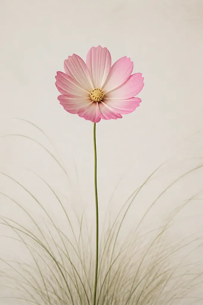 One tall flower stalk rises from the bottom center. Around it, grass blades form a halo-like ring, leaning outward and then fading. The background is mostly blank with a few faint pencil smudges. The flower is colored softly with a pale center.