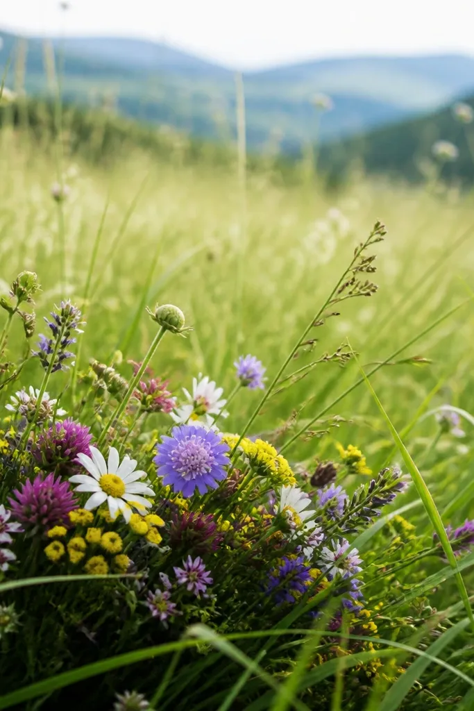 A dense bouquet-like cluster of wildflowers sits low in the foreground, with grass blades surrounding and partially covering it. Flowers include small round buds and a few larger petals. The mid area has lighter grass and fewer flowers, creating depth.