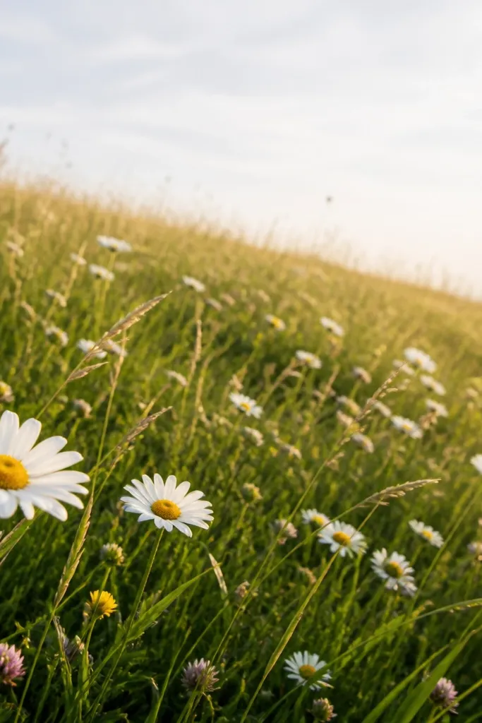 A side-angle meadow where grass blades run diagonally across the page. The horizon is implied by a lighter band. Flowers sit along the diagonal, with larger ones near the bottom-left and smaller ones toward the top-right. The whole scene feels like you're looking across a field.