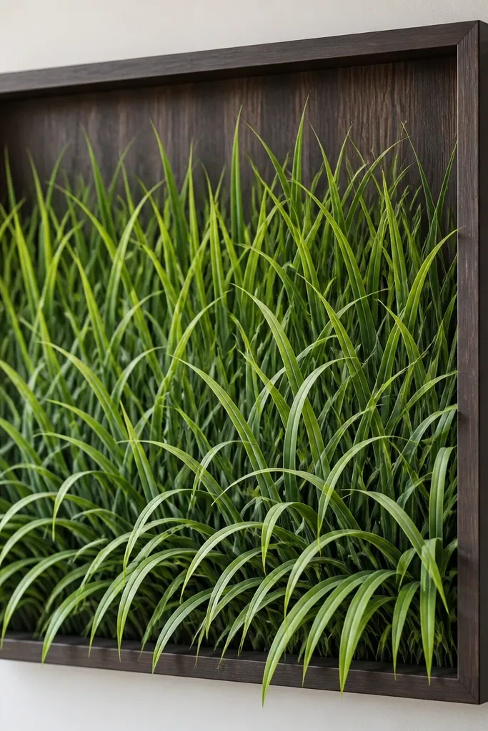 A 16x20 inch shadow box showing a dense front lawn of grass blades in three layers. The frame has a dark wooden back panel with a narrow hidden tray visible only when opened; the art continues to the front edge, with the foreground blades tipping forward.