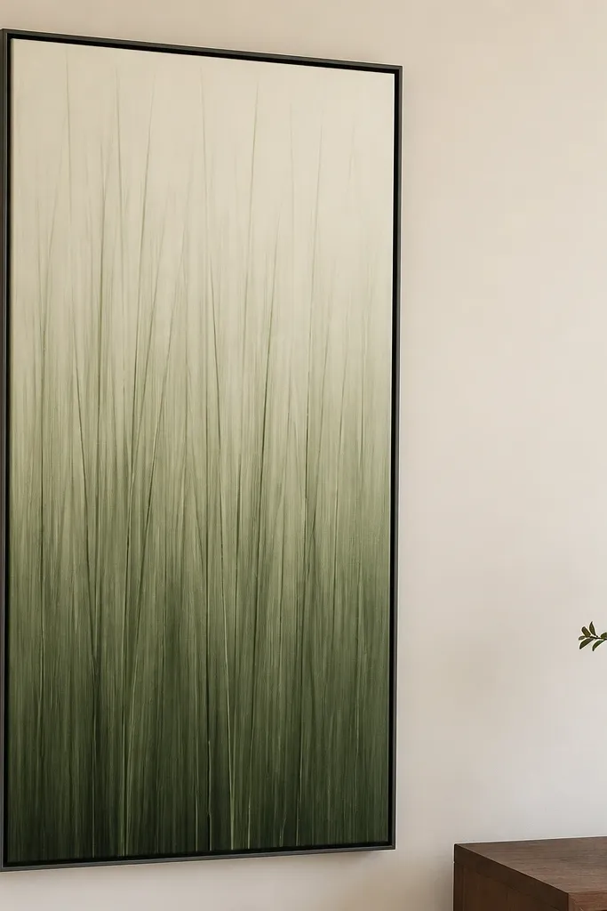A tall 11x24 inch framed panel with vertical grass blades that look like rain streaks. On the right side of the frame, a slim side sleeve is visible only at the back edge; the front shows a gradient from pale top to deeper green bottom.
