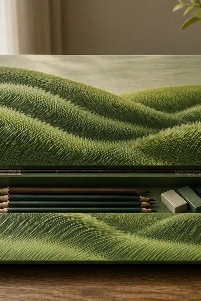 A landscape grass scene with rolling hills made from curved blade clusters. The bottom of the frame has a flip-open panel showing a hidden compartment for pencils and erasers; the grass curls over the hill lines in the foreground.