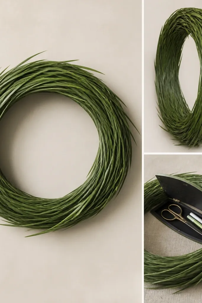 A circular wreath made from layered grass blades, forming a ring. The frame has a small hinged back panel visible only from the side, with a hidden compartment sized for scissors and markers.
