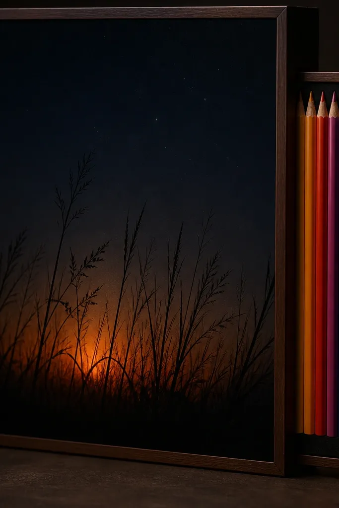 A dark night scene with grass blades in silhouette, lit by a warm orange glow near the bottom. The frame has a side rail with a hidden pull-out compartment for colored pencils.
