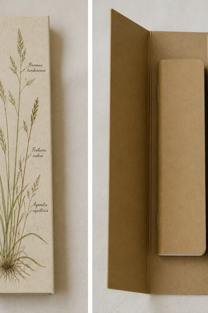 A narrow strip with grass blades and small handwritten botanical-style labels. Behind the strip, a folder-like back panel opens to reveal a slim compartment for a pen and small notebook.