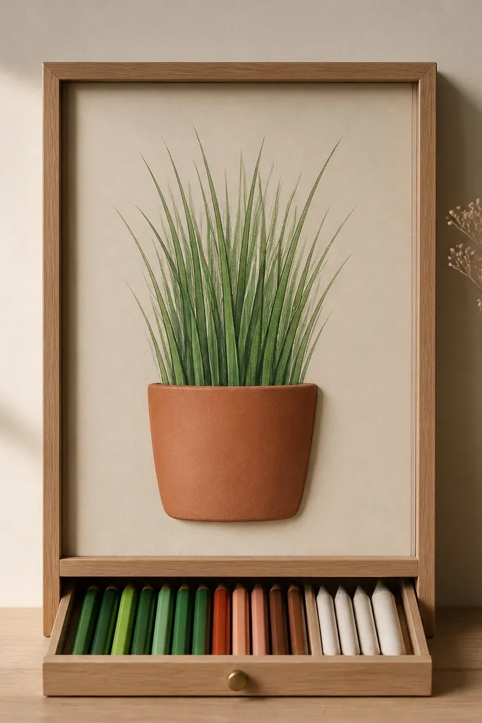 A grass drawing inside a frame where the blades rise from a terracotta pot shape. The bottom of the frame slides open like a small drawer, revealing colored pencils and blending stumps.