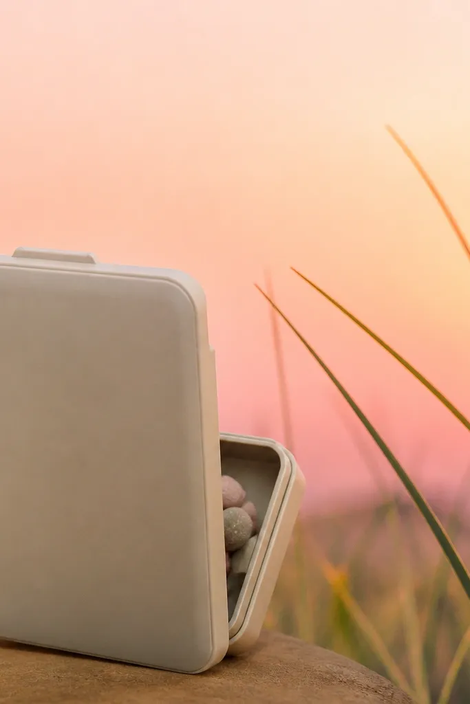 A sunrise gradient background with pastel pink and peach behind tall grass blades. The back of the frame has a hinged lid compartment for small erasers, shown slightly open from the side.