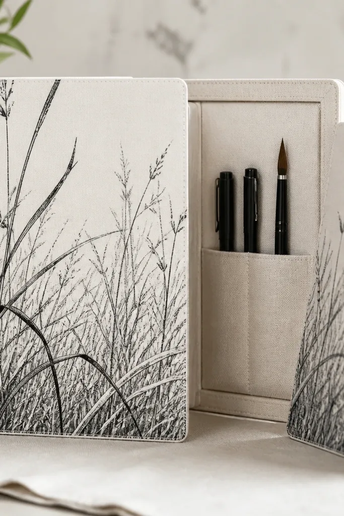 A black-and-white ink grass drawing with dense blade texture and a few thicker foreground stems. A removable back panel is shown, revealing a storage pouch for pens and a small brush.