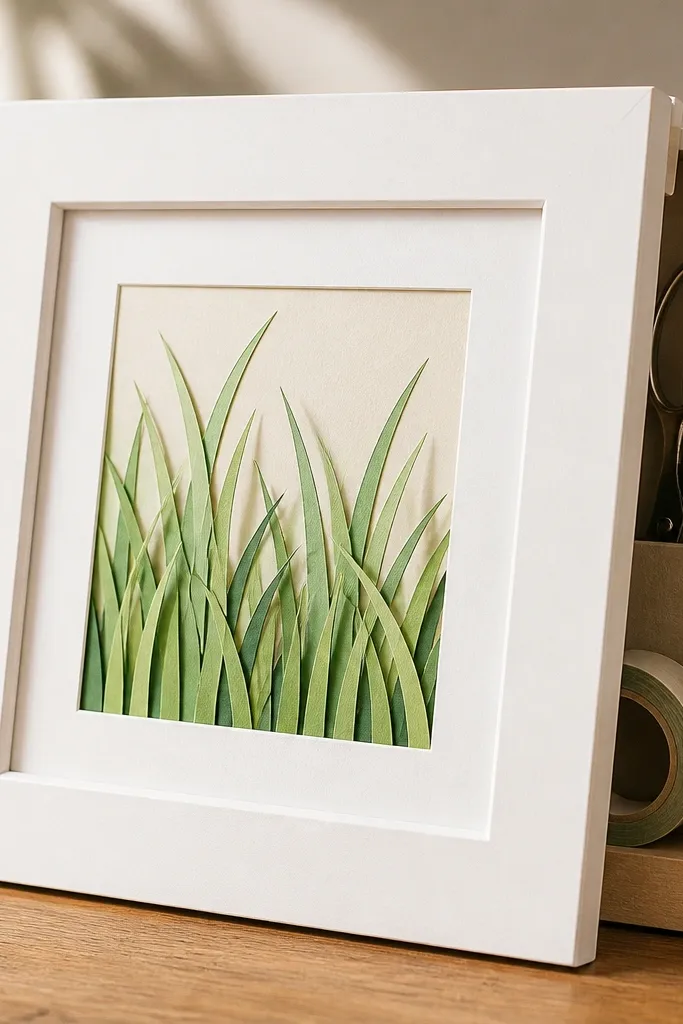 A grass scene made from layered paper cutouts, with blades casting tiny shadows. The frame has a thick mat, and the back shows a storage compartment behind the mat for scissors and tape.