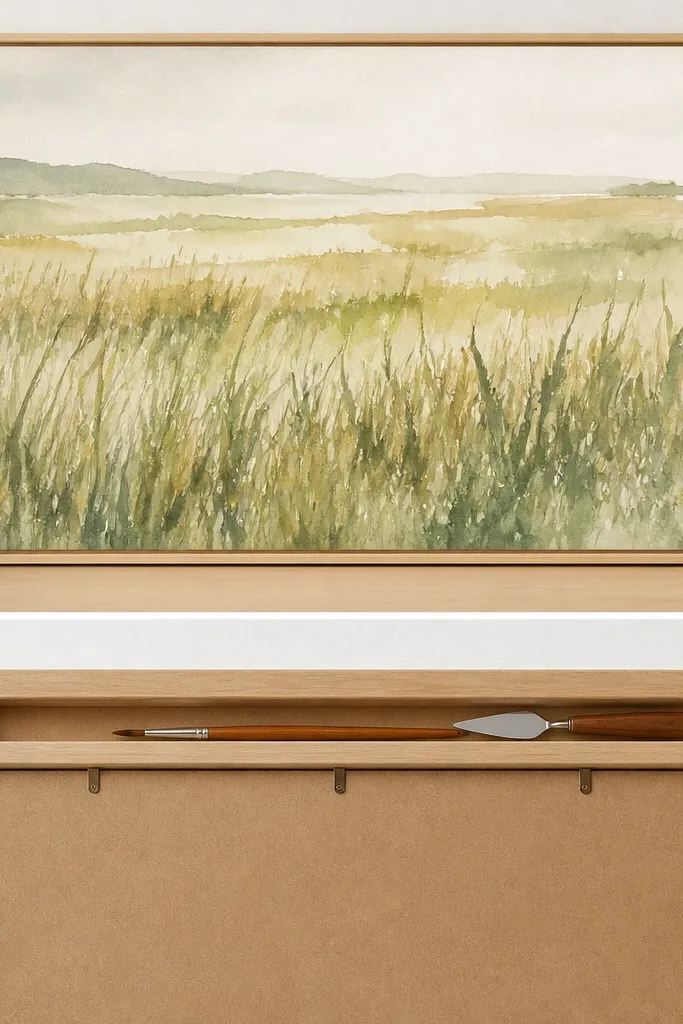 A watercolor grass scene with soft edges and loose strokes in layered bands. The frame lip has a shallow hidden cavity visible only from the back side, holding a small paint brush and palette knife.