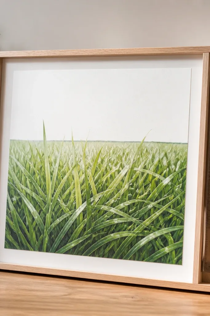 A clean grass drawing where blades have shiny, glass-like highlights. The frame back contains a thin compartment for a clear ruler and straight edge; the front shows a crisp horizon line and layered blades.