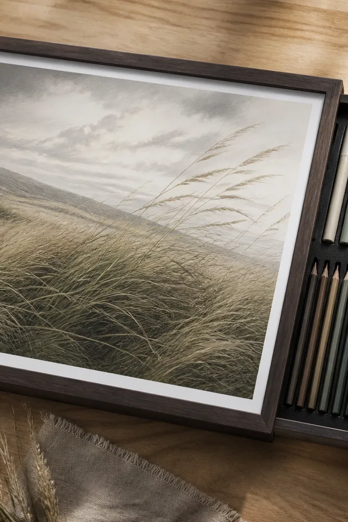 A grass scene where blades lean diagonally to the right, suggesting wind. The frame has a sliding back tray that pulls out for markers and blending pencils; the drawing uses a diagonal horizon and layered tones.