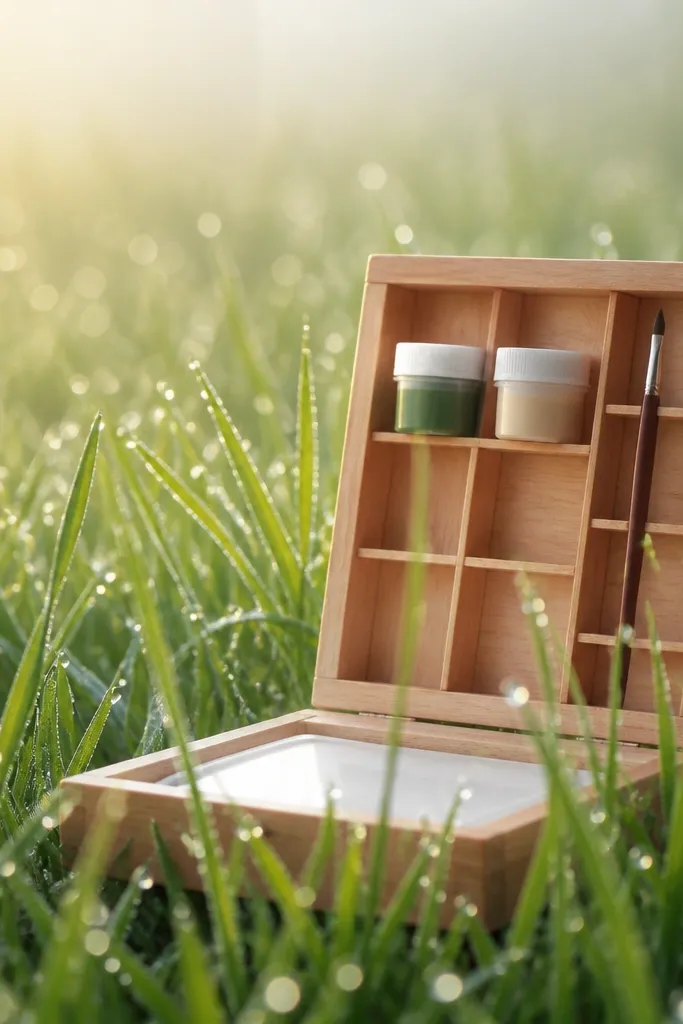 A morning grass scene with small white dew dots on blade tops and a soft pale background glow. The back has a storage grid holding two tiny paint pots and a mini brush; the front shows crisp blades and dew highlights.