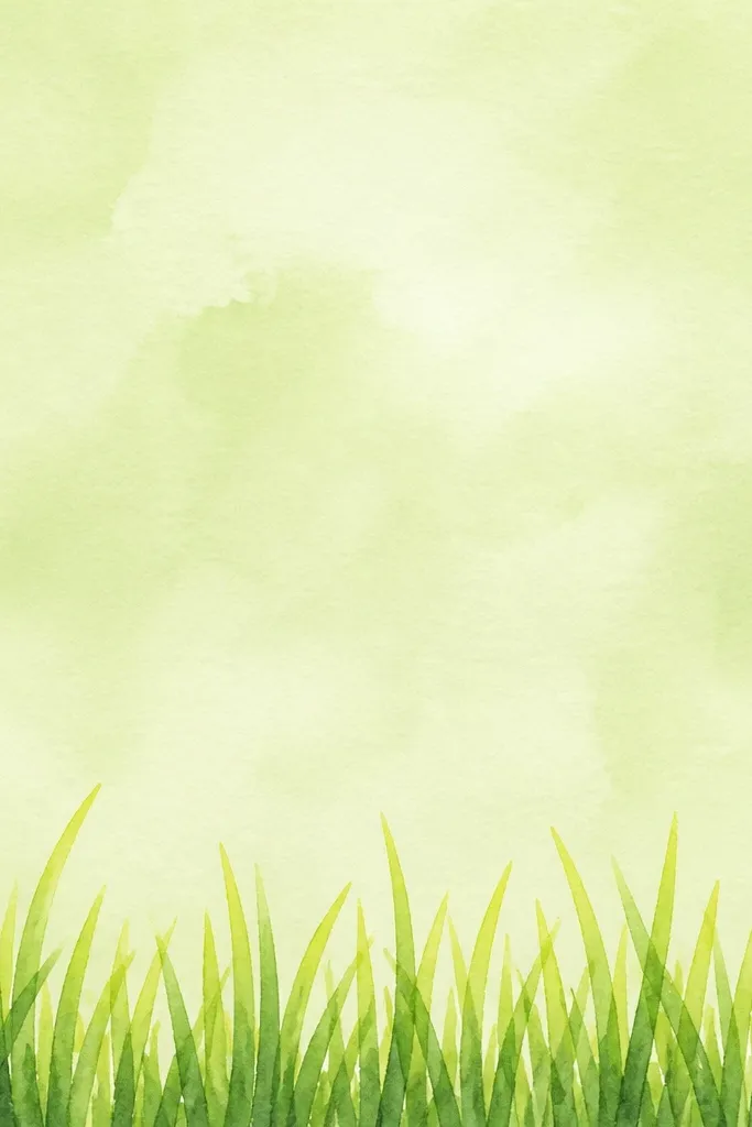 A 4x6 watercolor card with a soft pale-green ground wash. Along the bottom edge, grass blades form a neat border. The bases are darker green, and the tips look yellow-green like lemon.
