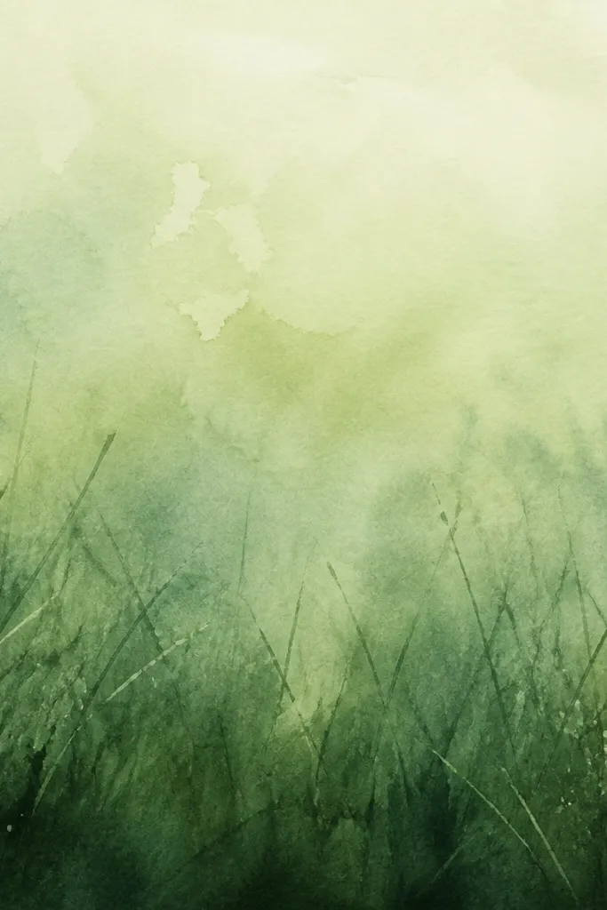 A watercolor panel where the bottom third is darker and softly fades upward into a misty green. Grass blades are suggested with feathery strokes near the bottom, becoming blurrier as they rise.