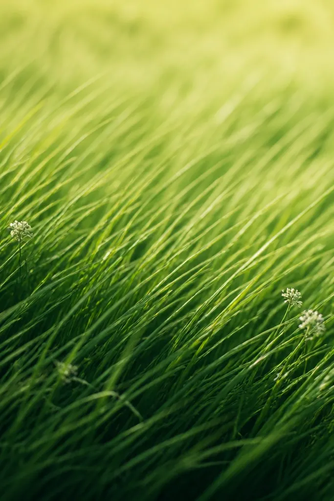 A meadow scene where grass blades are painted as diagonal streaks slanting upward to the right. The foreground is darker and the background becomes lighter, with a bright, warm green feel.