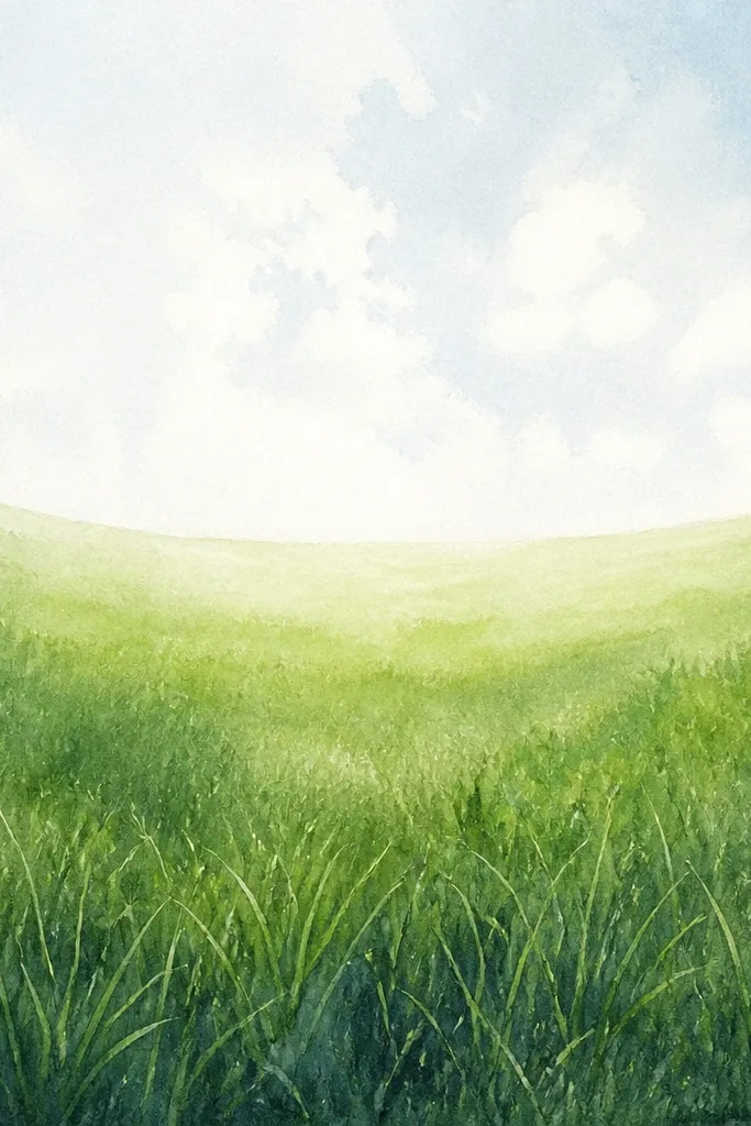 A watercolor horizon where the grass forms a soft crescent arc. The foreground grass is darker and sharper, while the arc fades into lighter green near the horizon.