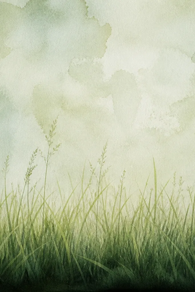 A watercolor ground with a darker shadow band near the bottom. Grass strokes appear layered: a dark base and a lighter top layer above it.