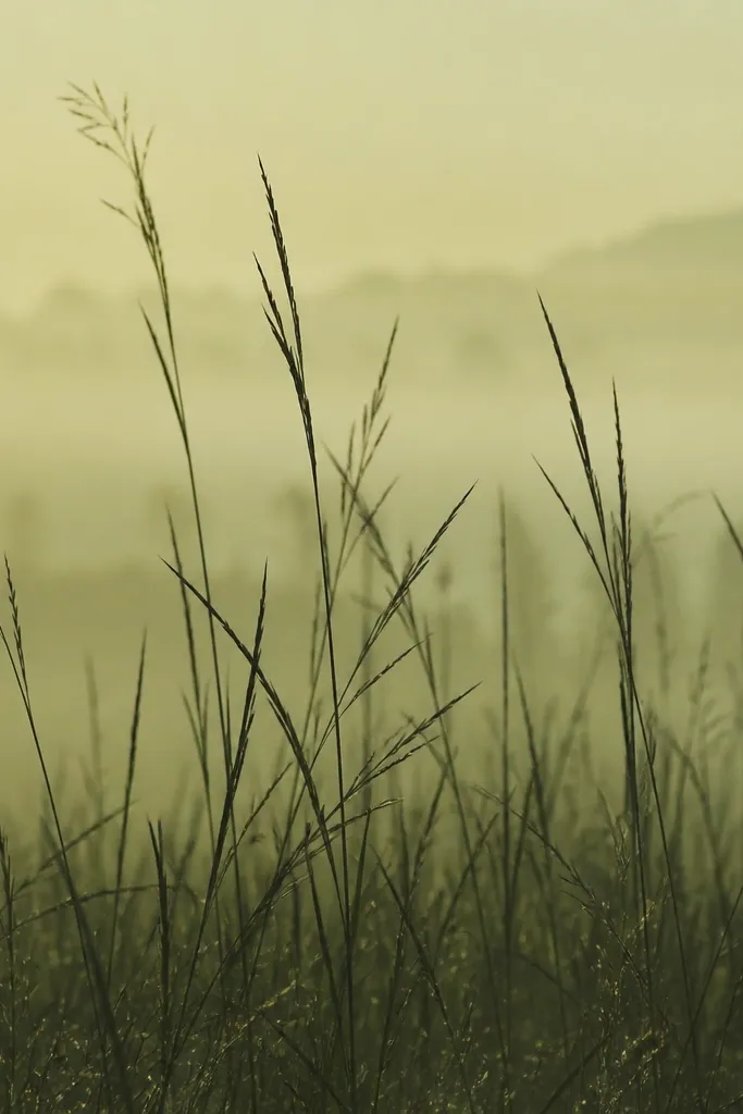 A field where grass blades are tall and slightly uneven, with a light wash behind them. The blades read as darker silhouettes against a pale green background.