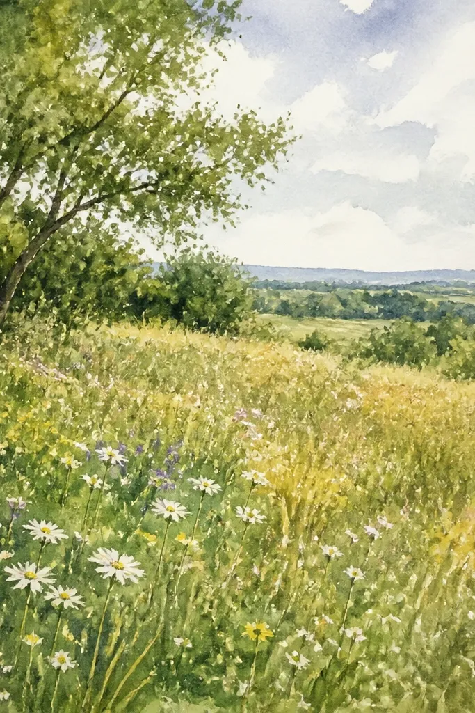 A watercolor meadow where grass strokes are uneven and broken into small color patches. Some blades look yellow-green, others olive, with visible texture.