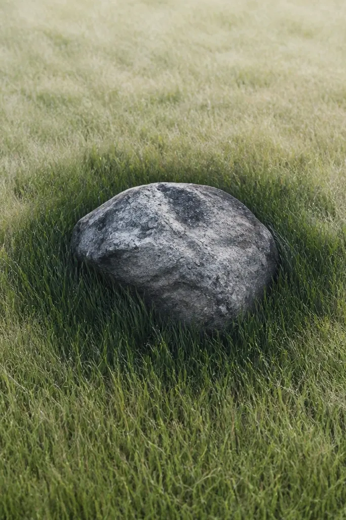 A rock shape sits in the middle, and grass grows around it. There is a dark halo of grass near the rock edges and lighter grass farther out.