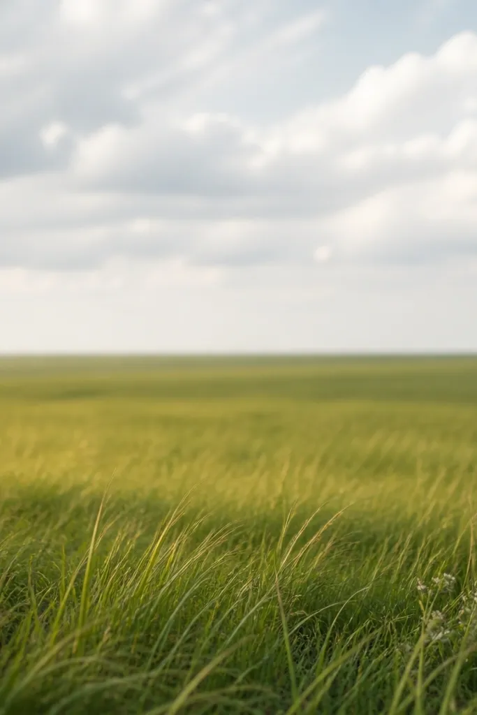 A distant horizon where grass is painted as a soft band. The blades are suggested and blurrier near the horizon, with clearer strokes only in the foreground.