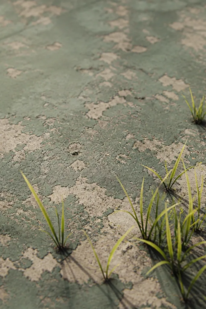 A ground area where some paint is lifted to make light patches. Grass blades are painted over those patches, with crisp dark bases and light tips.