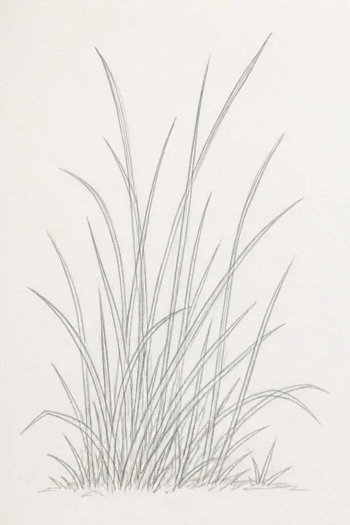 A simple grass drawing showing a bright horizontal meadow edge. Thin blades taper upward, with lighter green strokes near the horizon and darker clumps at the bottom corners. The background is pale yellow-green with a soft gradient.