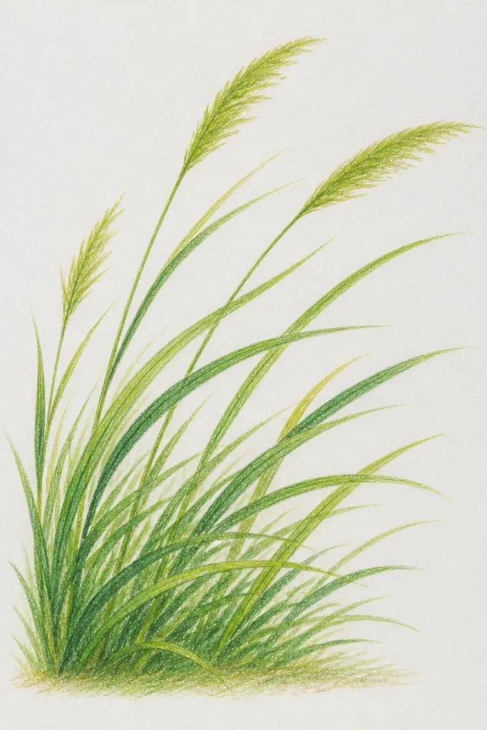 Grass drawn in diagonal waves across the page. The blades slant in a repeating pattern, with lighter highlights on the upper wave crests and darker bands in the troughs. A pale sky background sits above.